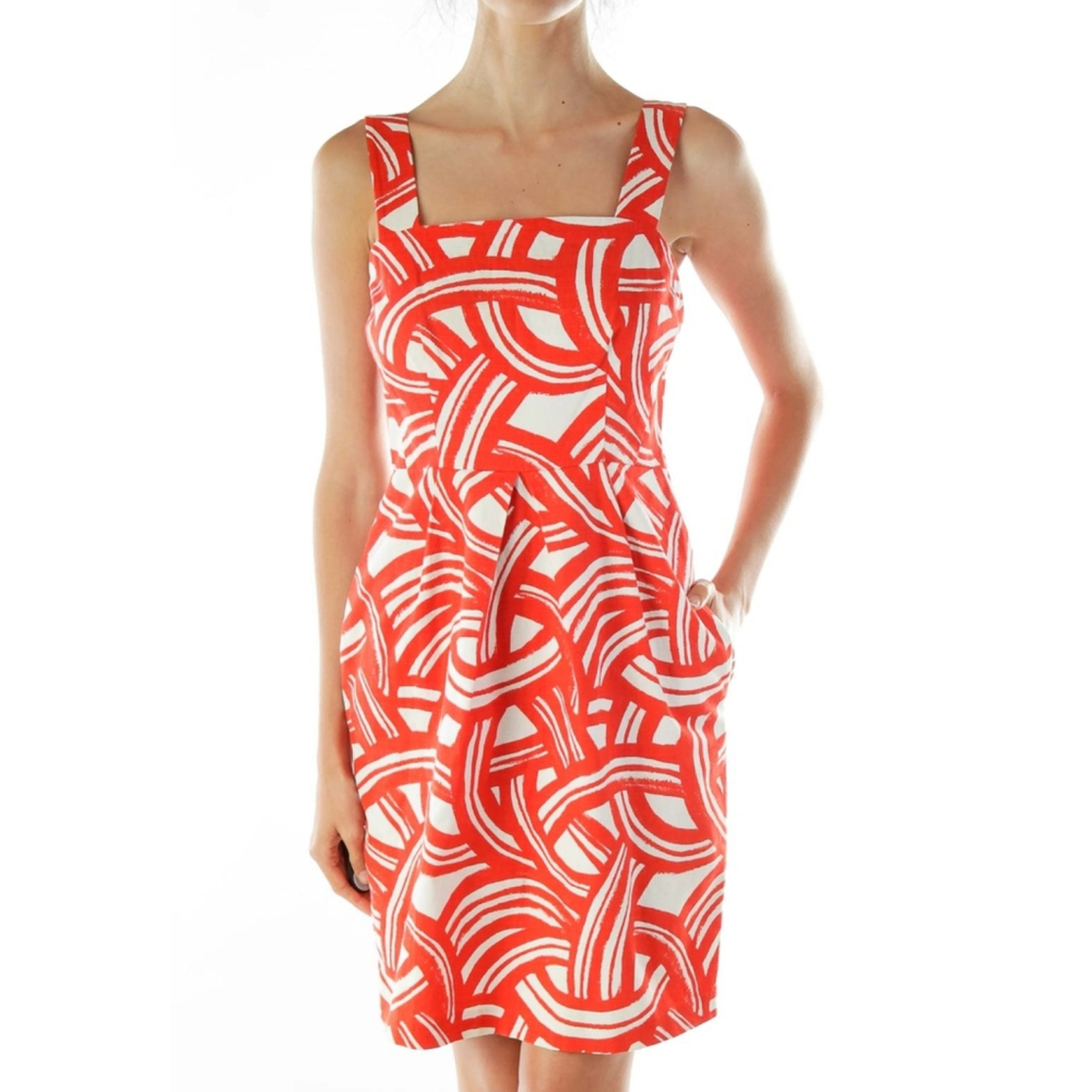 Banana Republic - Abstract Print Pocket Dress - Red & Cream - Petite Size: 6P
